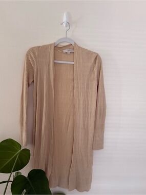 LOFT Ribbed Open-Front Long Cardigan in Beige